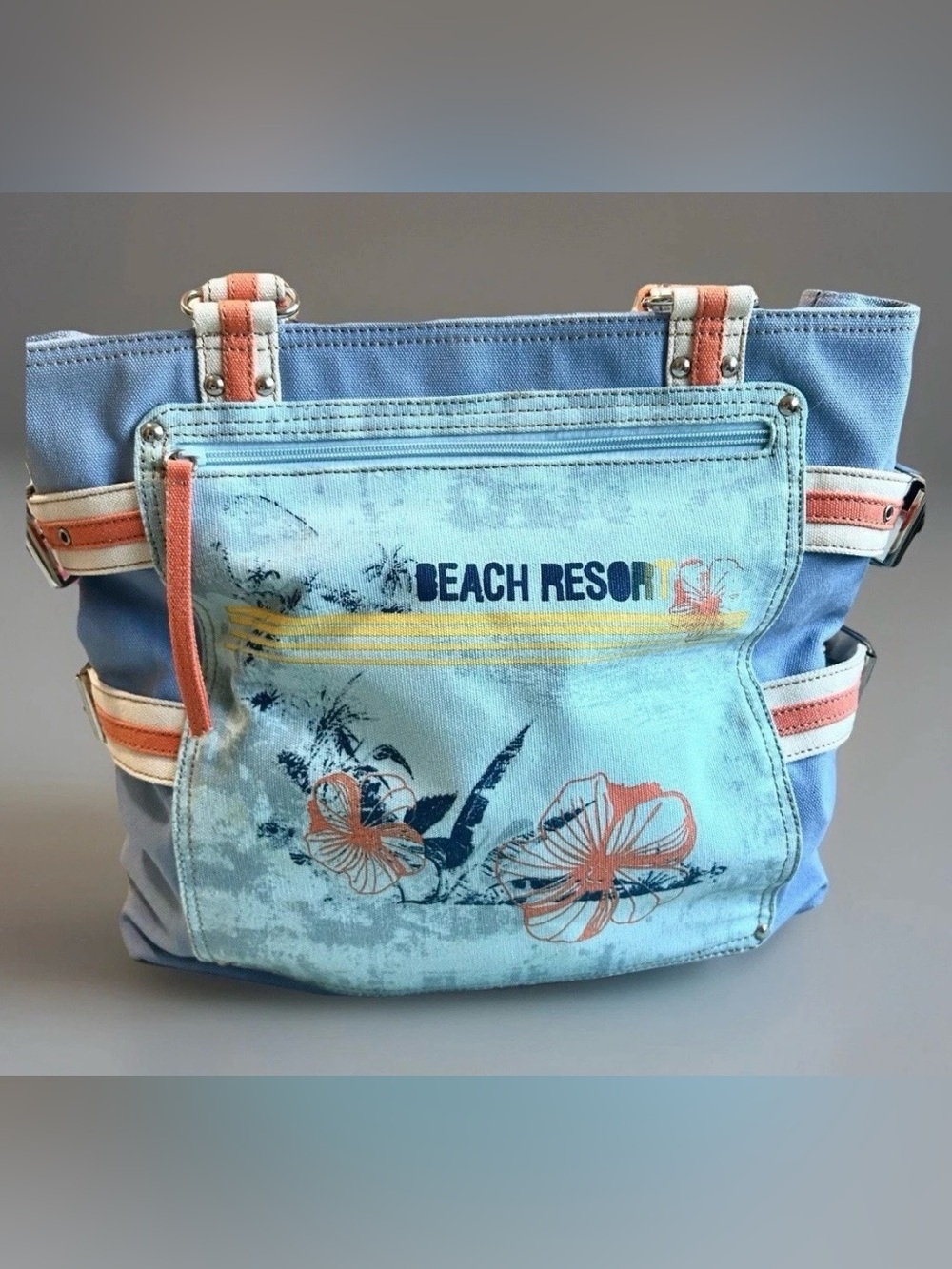 Cotton Canvas Blue & Orange Beach Tote Side Straps & Buckles Pockets Unbranded